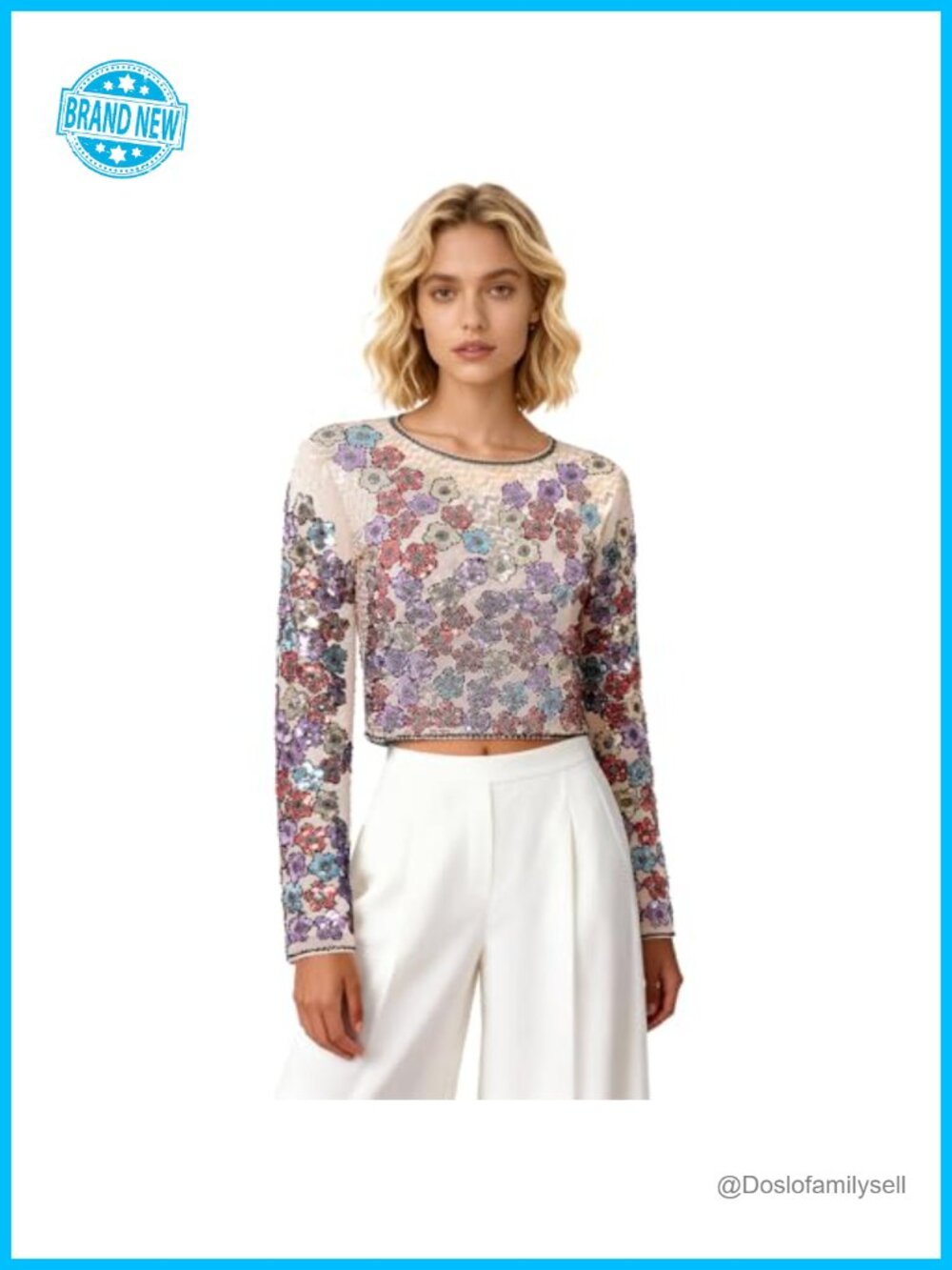 Floral Sequin Mesh Crop Top Boat Neck Embellished Club Blouse